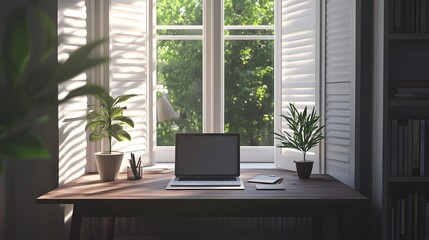 Fototapeta premium A home office with a desk, laptop, and potted plant by the window