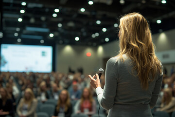 A woman is standing in front of a crowd and speaking into a microphone