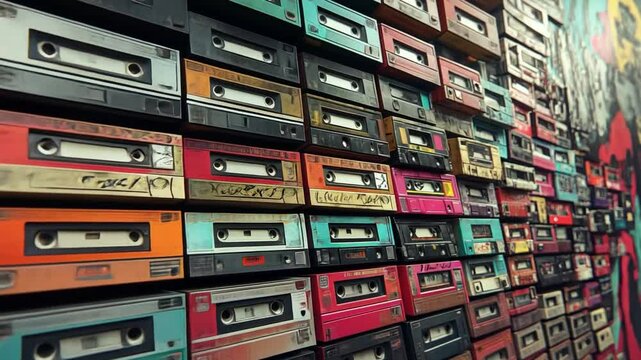 A 1980s cassette tape collection, stacked neatly with handwritten labels, set against a backdrop of retro hip hop posters and graffiti art.