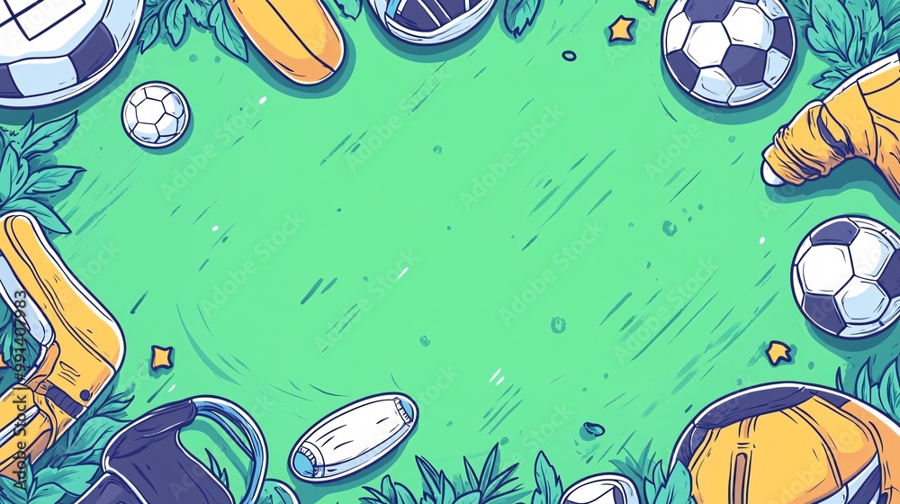 Poster a flat design of football equipment scattered on the field drawn with simple lines and a limited col