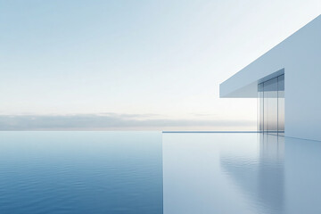 Abstract 3D rendering of minimalist style architectural space scene, mountain and lakeside building