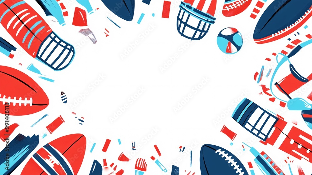 Poster a flat design of football equipment scattered on the field drawn with simple lines and a limited col