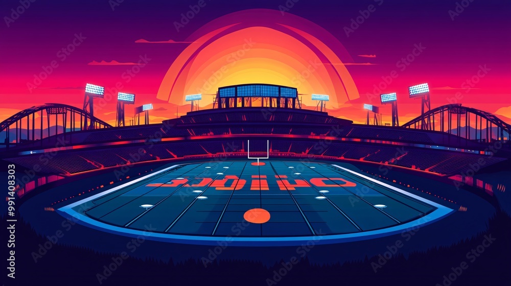 Poster a minimalist illustration of a famous nfl stadium at sunset with clean architectural lines and flat 