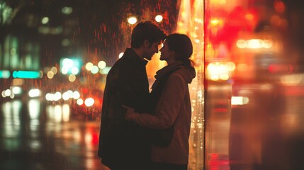 A young couple stands closely together, sharing a romantic kiss amidst the falling rain. City lights create a colorful backdrop, enhancing the intimate atmosphere on a vibrant night.