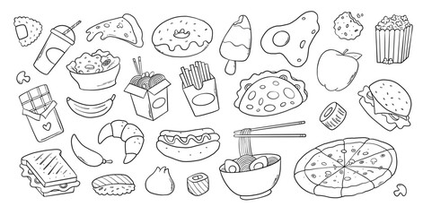 Fast food, junk food cartoon elements, snacks doodles collection for posters, prints, social media decor, menu, stickers, coloring pages, etc. EPS 10