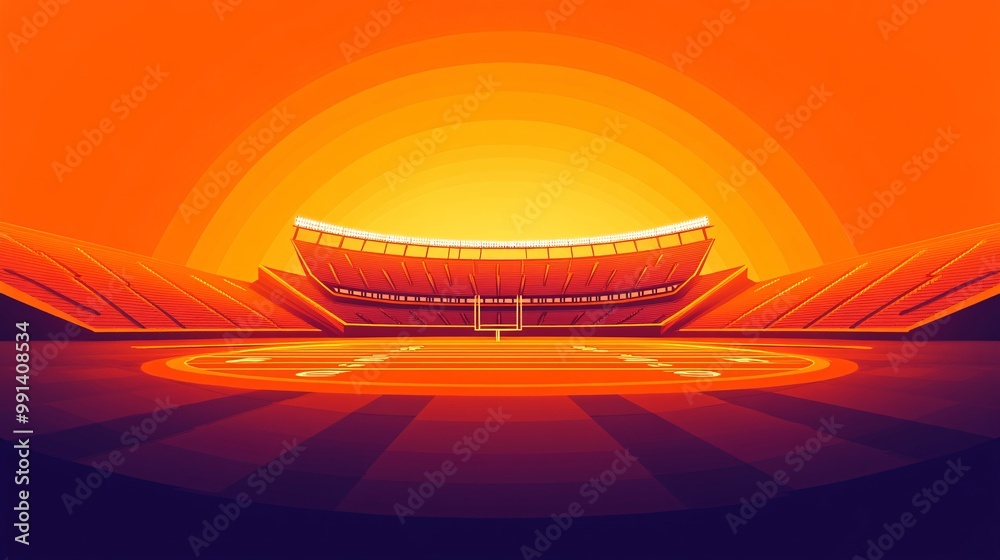 Poster a minimalist illustration of a famous nfl stadium at sunset with clean architectural lines and flat 