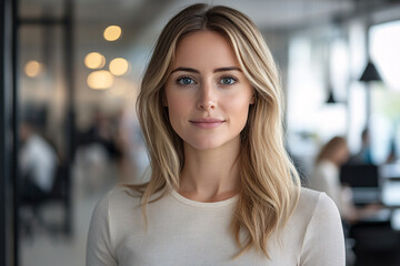 Obraz premium A young woman stands in an office, smiles and looks at the camera.