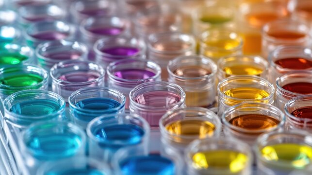 Colorful scientific samples in a clear microplate prepared for detailed analysis and experimentation under laboratory conditions