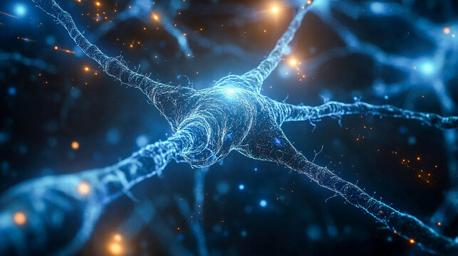 Representaci&oacute;n 3D de un fondo abstracto que muestra la estructura y las conexiones entre las neuronas del cerebro humano, esquema de color azul, muy detallado, hiperrealista.