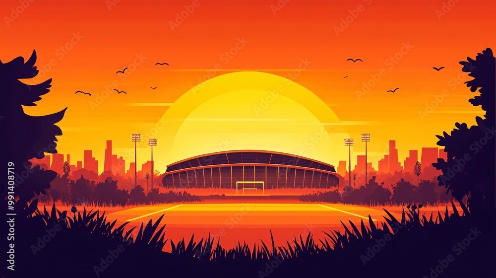 Poster a minimalist illustration of a famous nfl stadium at sunset with clean architectural lines and flat 