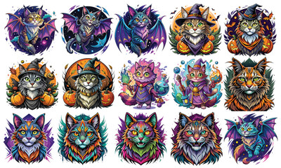 Halloween Maine Coon cat T-shirt Design, hand-drawn artistic illustration on clean white background. Icon concept, high-quality vector, perfect for t-shirt prints and spooky themes.