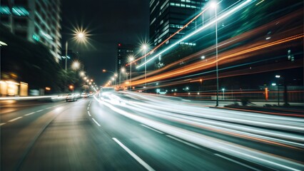 Obraz premium Night city street with long exposure light trails, dynamic urban speed