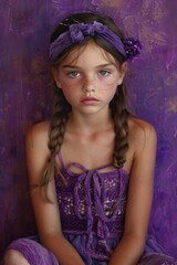 Fototapeta premium A young girl poses against a hand-painted purple backdrop adorned with whimsical details