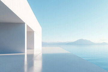 Obraz premium Abstract 3D rendering of minimalist style architectural space scene, mountain and lakeside building