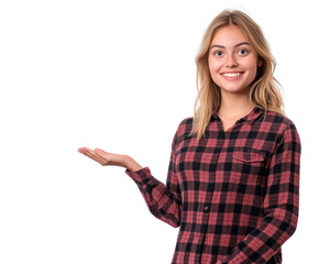 Happy Smiling Woman Presenting Something With Hand isolated on Transparent Background