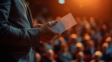 The presenter holds a certificate while acknowledging an individual receiving an award in a well attended auditorium