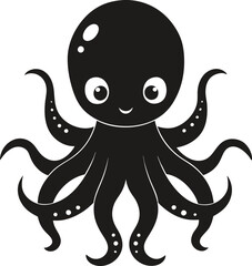 A cute baby octopus silhouette vector art and black color icon design with no background and sea animal of octopus design.