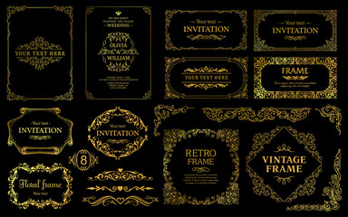 Design gold elements set, decorative flourish border corner and frame collection for invitation, menu and page decoration