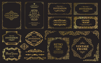 Design gold elements set, decorative flourish border corner and frame collection for invitation, menu and page decoration