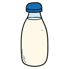 Hand drawn cartoon full milk bottle on white background.