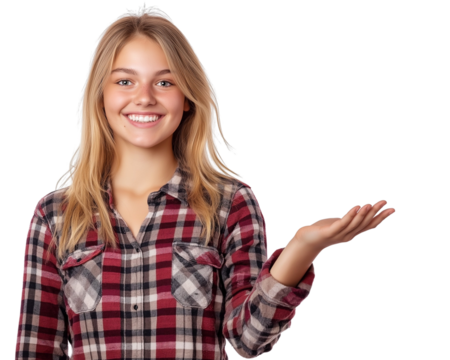Happy Smiling Woman Presenting Something With Hand isolated on Transparent Background