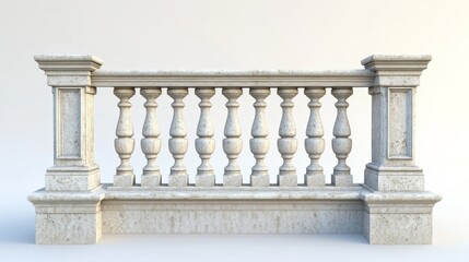 Fototapeta premium Balustrade elements in 3D: stone pillars, columns, balusters, handrails, and bases for classic fences on balconies, terraces, and parapets.