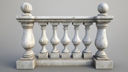 Balustrade elements in 3D: stone pillars, columns, balusters, handrails, and bases for classic fences on balconies, terraces, and parapets.