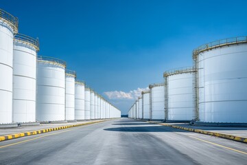 Obraz premium White Storage Tanks Against a Clear Blue Sky in an Industrial Landscape