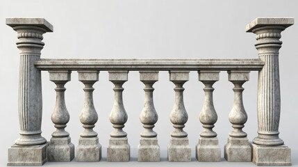Fototapeta premium Balustrade elements in 3D: stone pillars, columns, balusters, handrails, and bases for classic fences on balconies, terraces, and parapets.