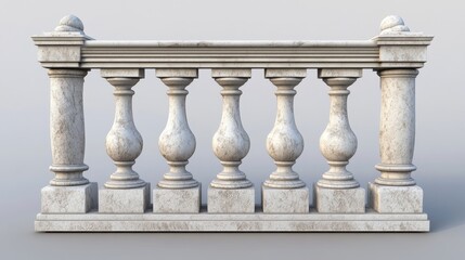 Naklejka premium Balustrade elements in 3D: stone pillars, columns, balusters, handrails, and bases for classic fences on balconies, terraces, and parapets.