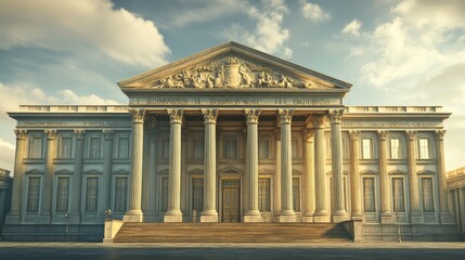 Obraz premium Bank edifice in 3D, featuring classical architecture with pillars, resembling a museum or government building.