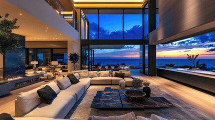 Fototapeta premium Luxury home with a sprawling open-plan design, high-end furnishings, and breathtaking panoramic views