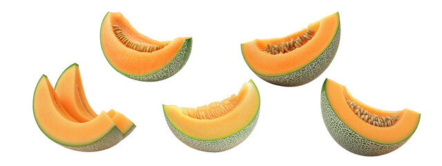 Half of a cantaloupe showing seeds on a white background