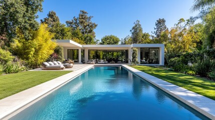 Fototapeta premium Luxury home with expansive outdoor pool, modern design, sleek furnishings, and lush landscaped garden
