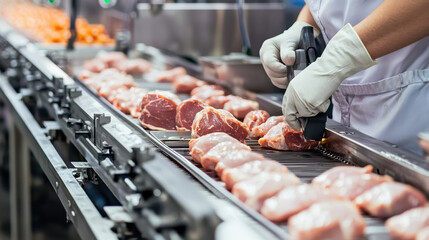 A worker inspects meat on a conveyor belt in a processing facility, showcasing hygiene and production efficiency in food processing.