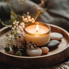 Obraz premium A close-up of a beautifully lit spa candle on a wooden tray, complemented by delicate flowers and calming stones