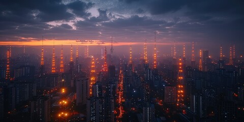 Fototapeta premium Vibrant cityscape glowing at night with illuminated towers and dramatic clouds in the background