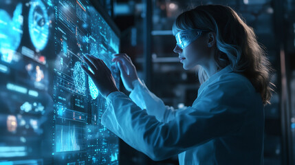 Female scientist interacting with futuristic digital display in high-tech laboratory, analyzing complex data for research