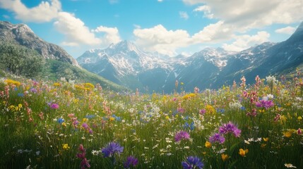Fototapeta premium Alpine Meadow with Wildflowers and Majestic Mountains