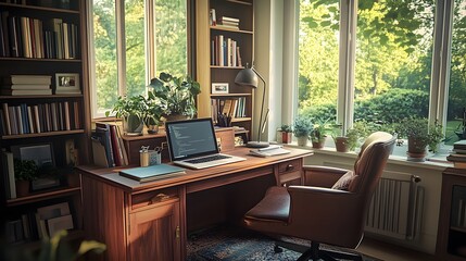 A cozy home office with a desk, laptop, and decorative books