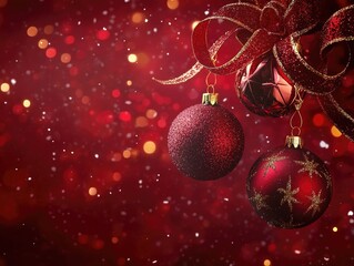 Red Christmas background with glowing ornaments, ribbon, and sparkles on a deep crimson backdrop for a classic holiday look