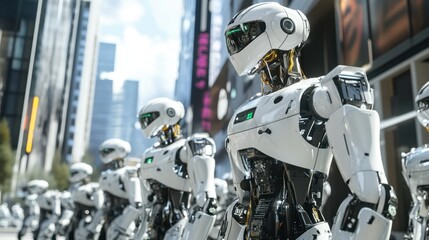 Fototapeta premium A group of robots patrolling a city street, representing AI-driven law enforcement or security.
