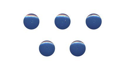 a set of blue clear circles, empty stationery tacks in png format, front view, isolated metal push rounded pins on transparent background