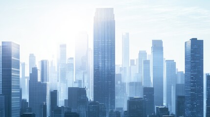 Obraz premium A towering skyscraper with surrounding city buildings, with a clean background for text.