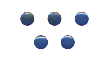 a set of blue aged circles, rusty stationery tacks in png format, front view, isolated metal push rounded pins on transparent background