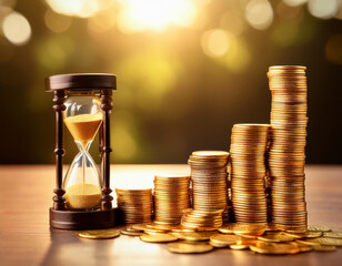 Hour glass with stacks of coins.  Time is money concept. 
