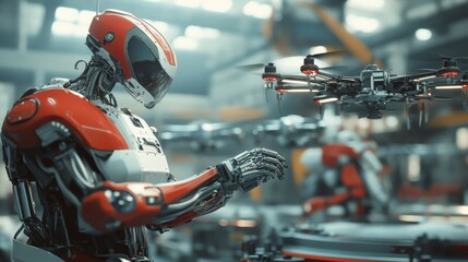 Fototapeta premium A robot assembling drones in a high-tech factory, illustrating the intersection of automation in manufacturing and aviation.