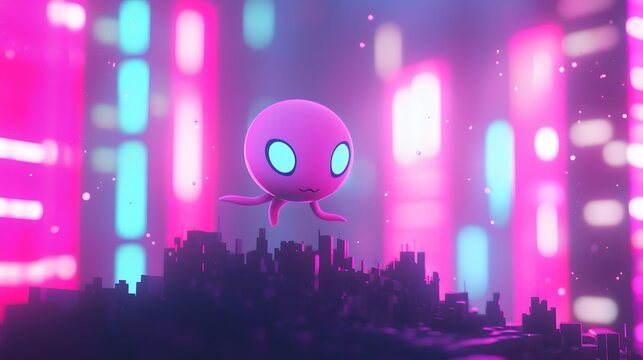 Cute Alien in a Futuristic Cityscape at Night