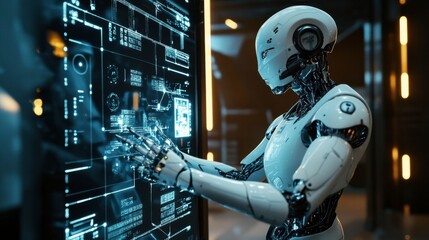 Fototapeta premium A robot creating complex algorithms on a holographic interface, showing AI involved in high-level programming and problem-solving.