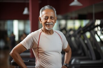 Fototapeta premium Portrait of a smiling indian elderly 100 years old man wearing a classic white shirt in front of dynamic fitness gym background